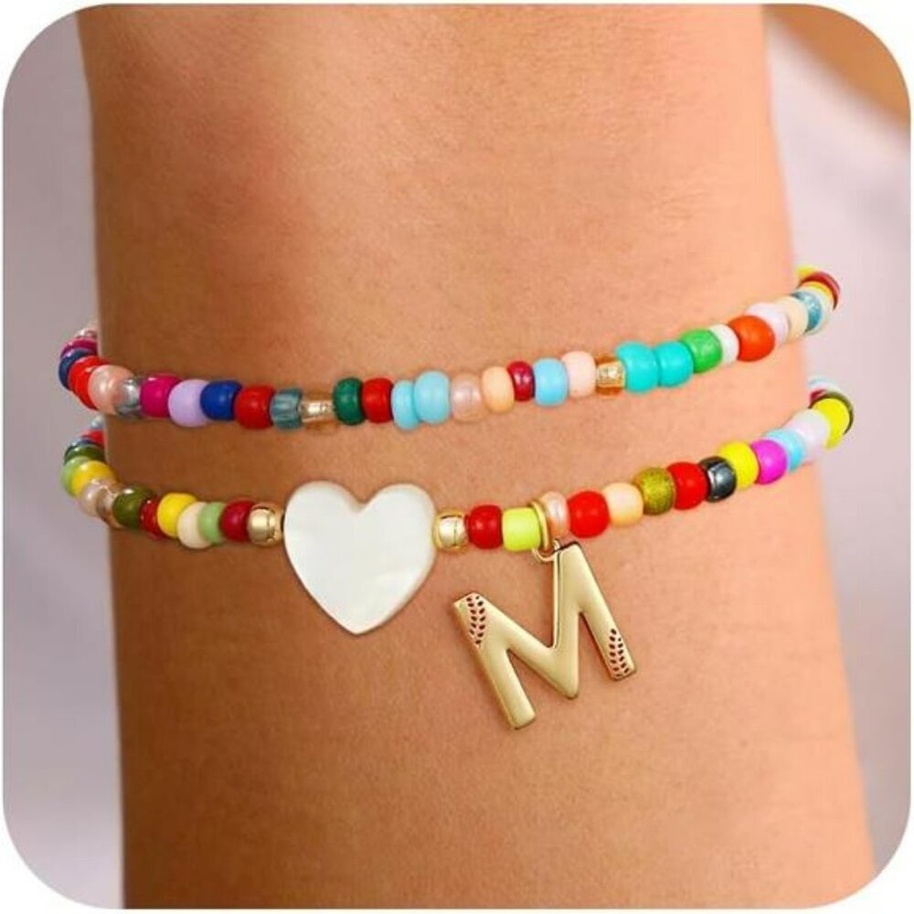 Softball initial bracelet set beaded gold layered stretch stackable jewelry gift